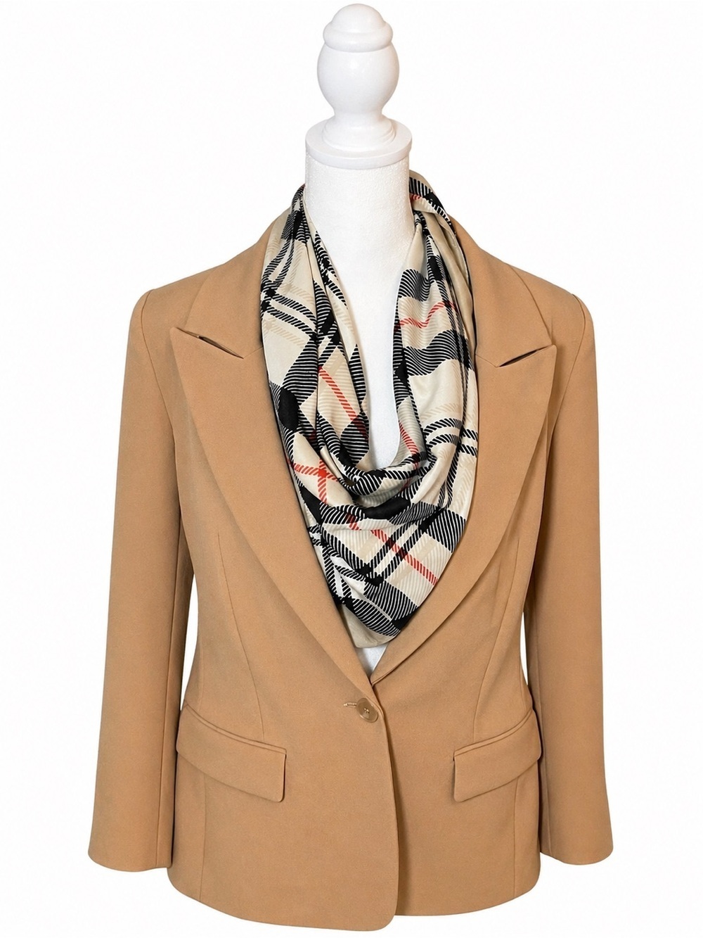 Plaid Infinity Scarf - Black, White, Red, Tan - Picture 1 of 2